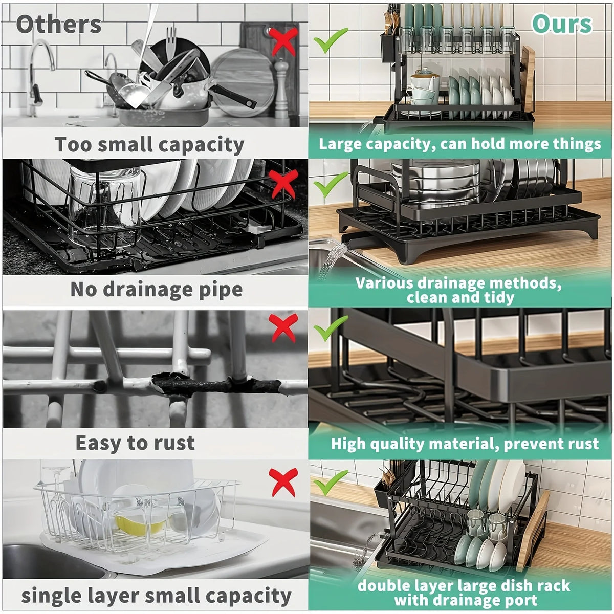 ZipChop™ 2-Tier Heavy-Duty Dish Drying Rack with Drainage Board