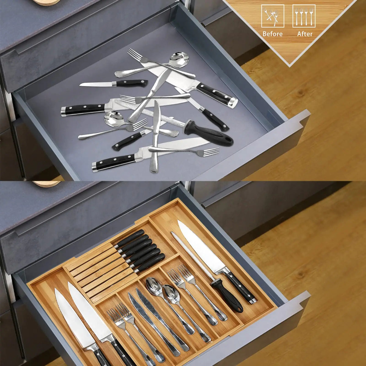 ZipChop™ Expandable Bamboo Silverware Organizer with Knife Block