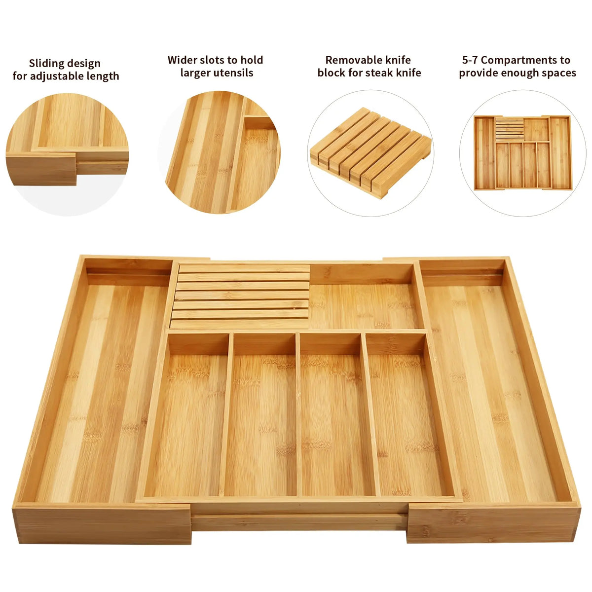 ZipChop™ Expandable Bamboo Silverware Organizer with Knife Block