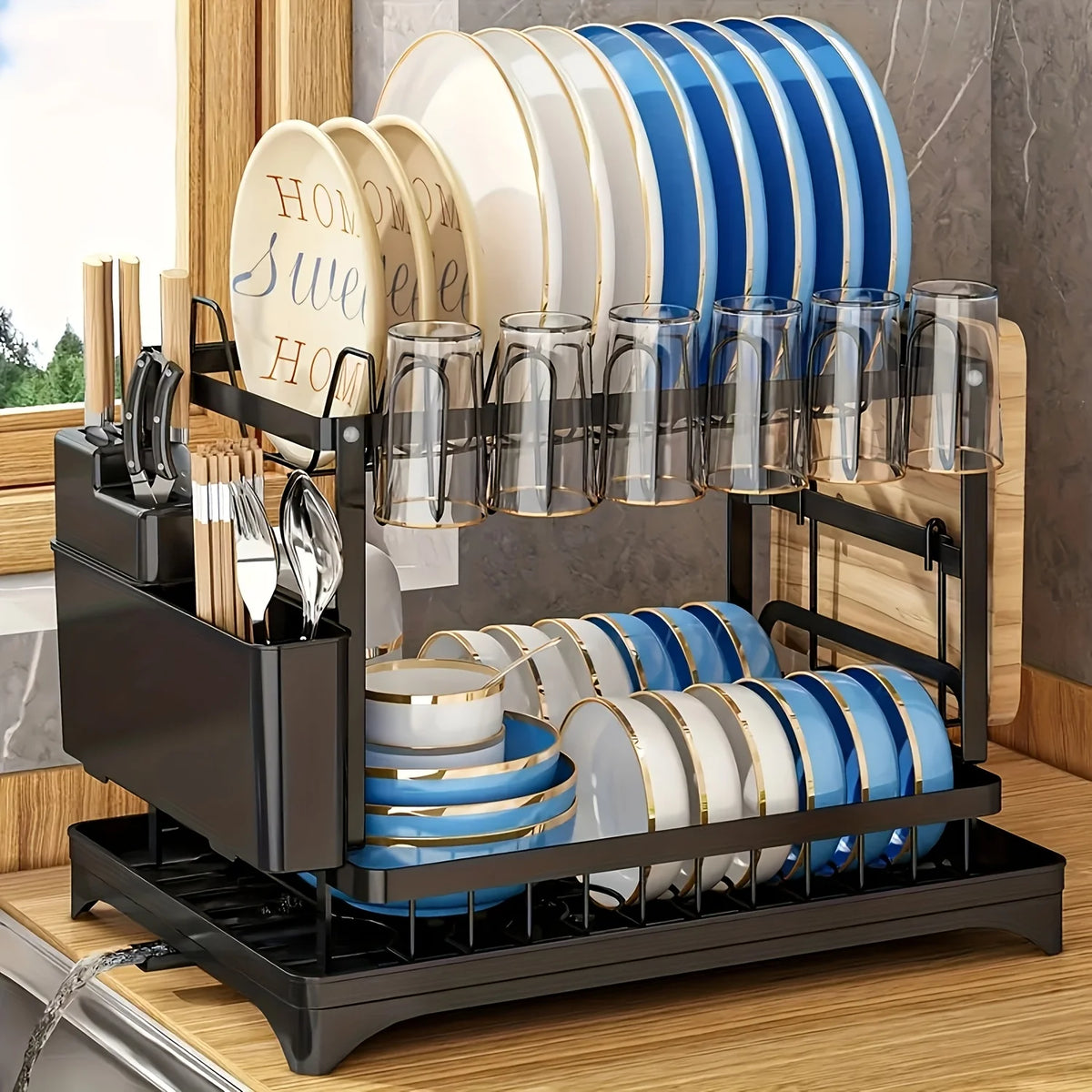 ZipChop™ 2-Tier Heavy-Duty Dish Drying Rack with Drainage Board