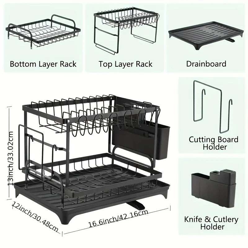 ZipChop™ 2-Tier Heavy-Duty Dish Drying Rack with Drainage Board