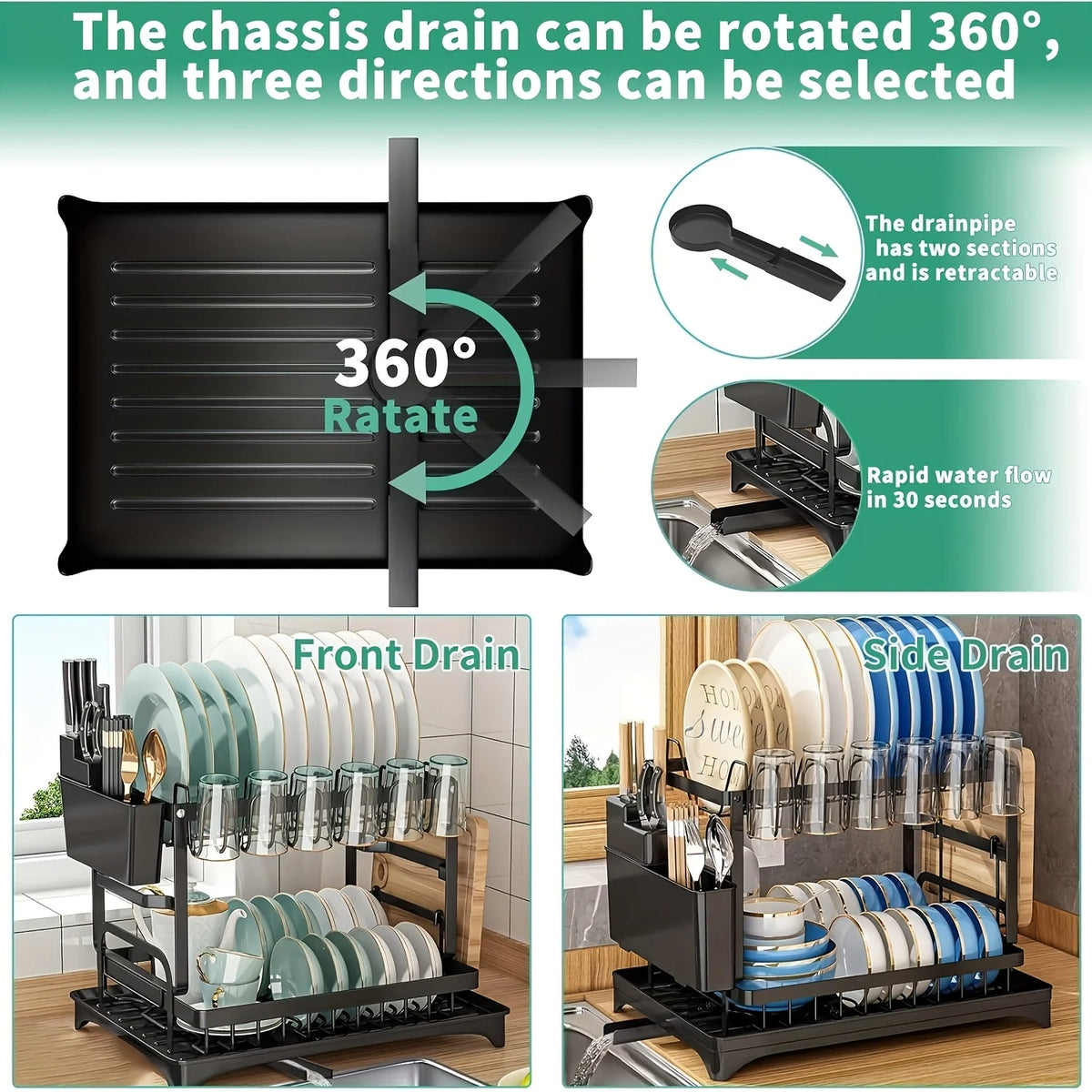 ZipChop™ 2-Tier Heavy-Duty Dish Drying Rack with Drainage Board