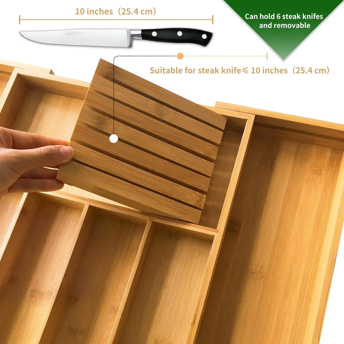 ZipChop™ Expandable Bamboo Silverware Organizer with Knife Block