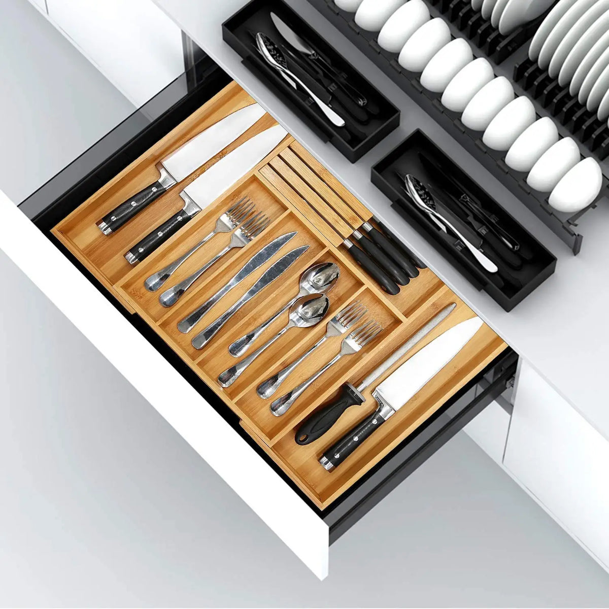 ZipChop™ Expandable Bamboo Silverware Organizer with Knife Block